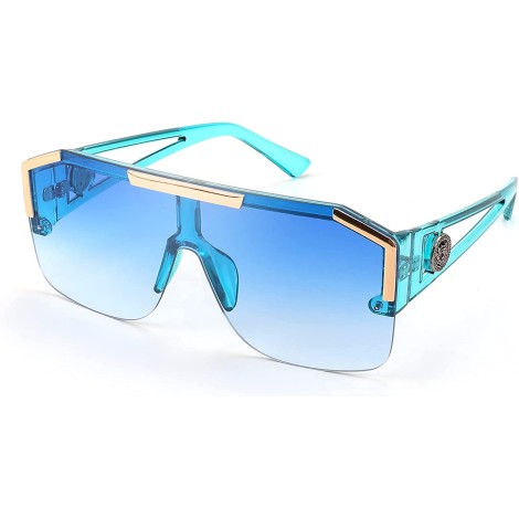 Light Blue Square Flat Top Shield Sunglasses One Piece Frameless Stylish Women Men UV400 B2765